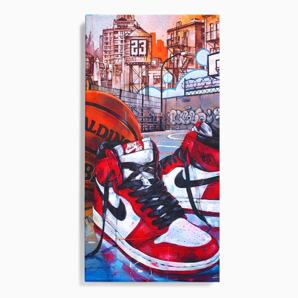 Tablou canvas cu tablou canvas cu adidasi si baschet, fara rama, pe sasiu de lemn
